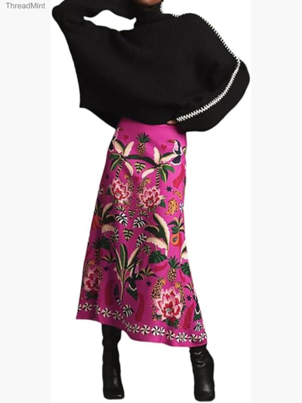 High-Waisted A-Line Midi Skirt with Zipper Closure Floral Print